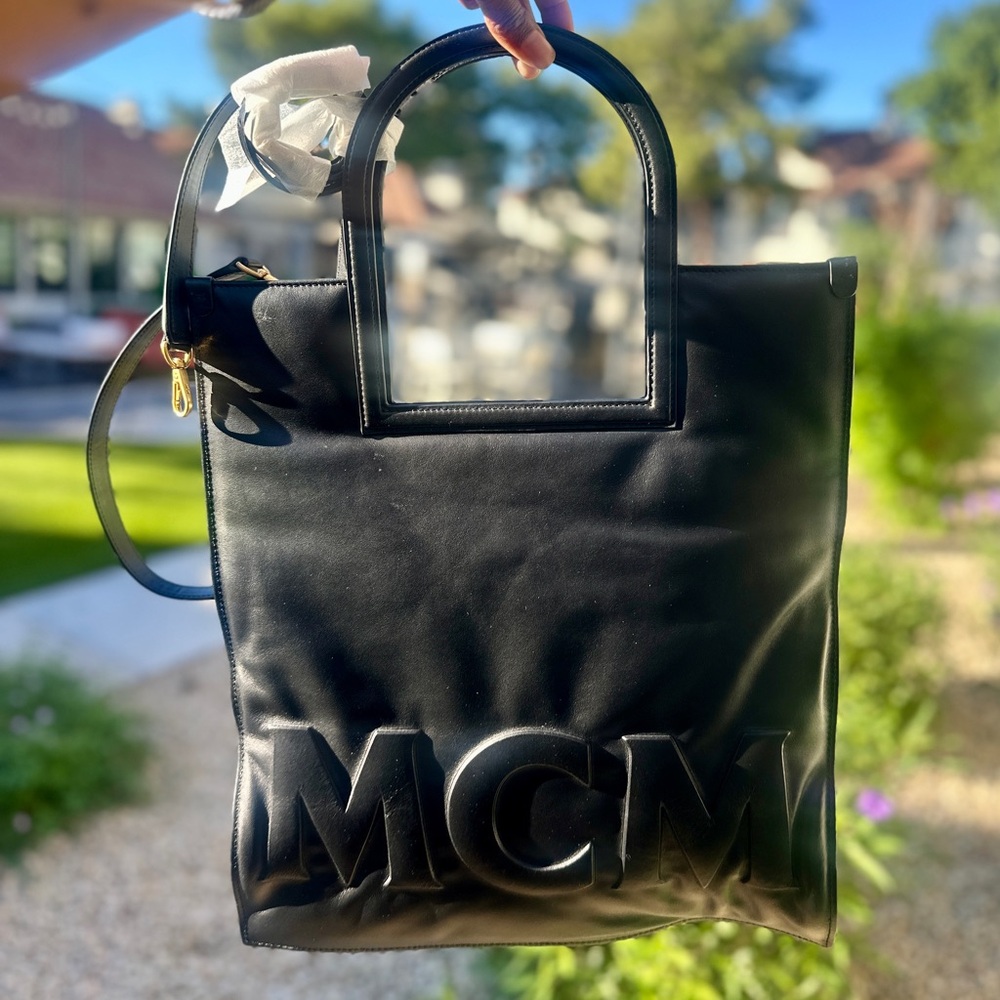 MCM Aren Medium Embossed Leather Tote Black NWT